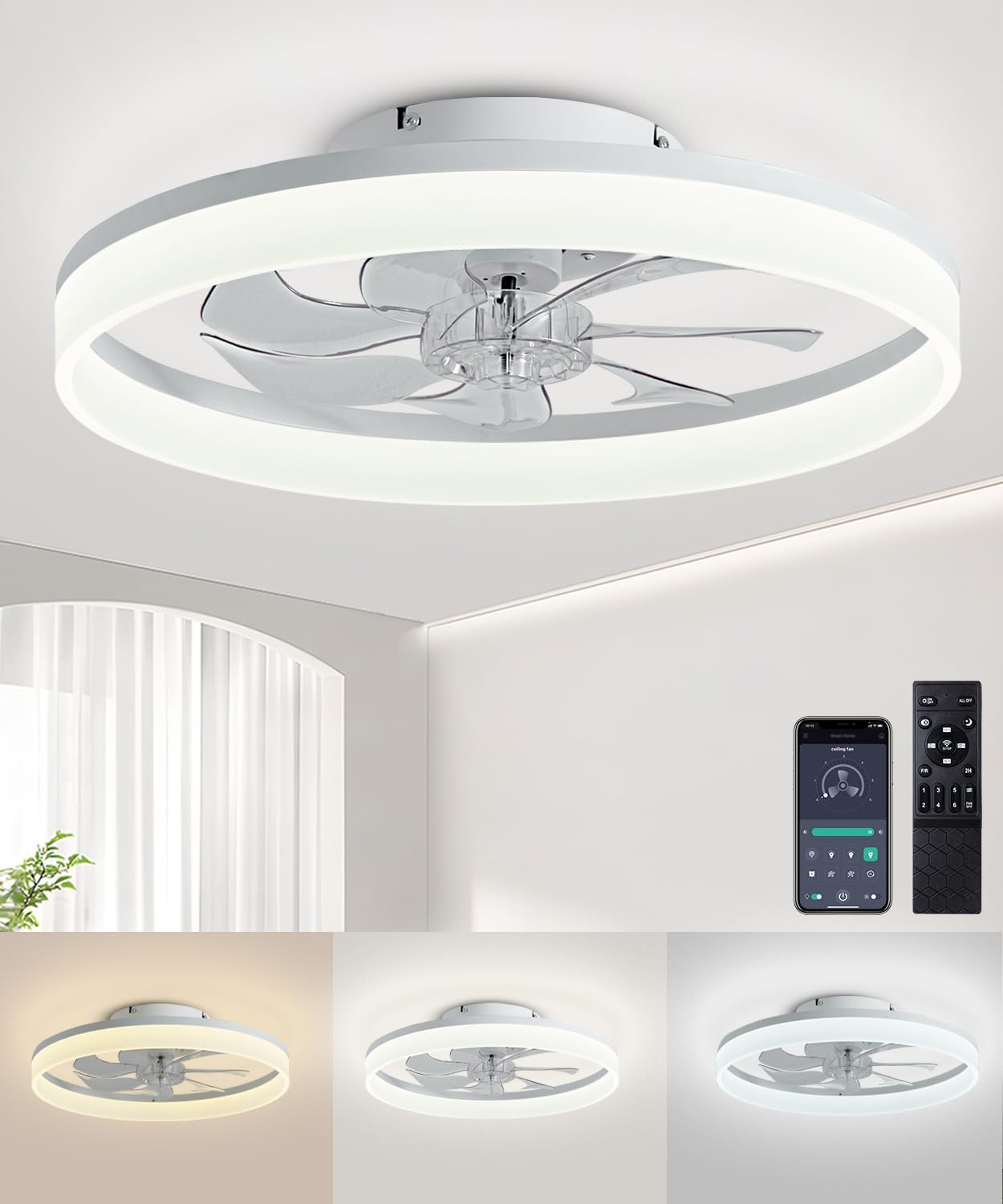Ceiling Fans with Lights and Remote, 20" Modern Low Profile Ceiling Fan with Light, Stepless Color Temperature Change and 6 Speeds for Bedroom, Kids Room and Living Room (Black)