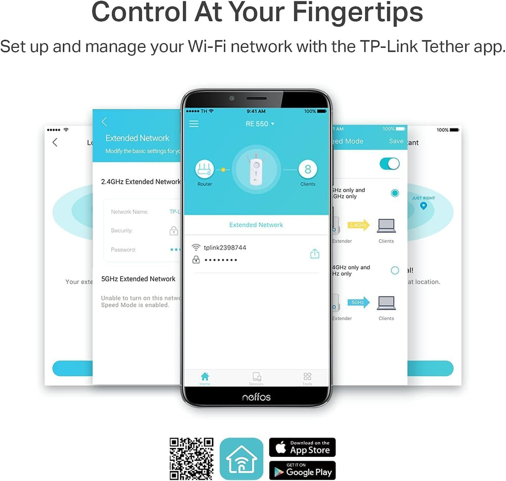 TP-Link AC1900 WiFi Range Extender RE550 | Dual-Band Wireless Repeater Amplifier w/Gigabit Ethernet Port | Up to 2200 Sq. Ft., 32 Devices | Internet Signal Booster | APP Setup | EasyMesh Compatible