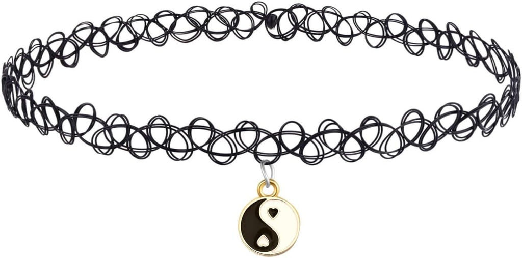 BodyJ4You 2PC Tattoo Choker Necklace - 90s Choker Necklace Women - 2000s Y2K Black Chokers Rainbow Choker - Butterfly Ying Yang Unicorn Rainbow Charms - Stretchy Elastic Necklace