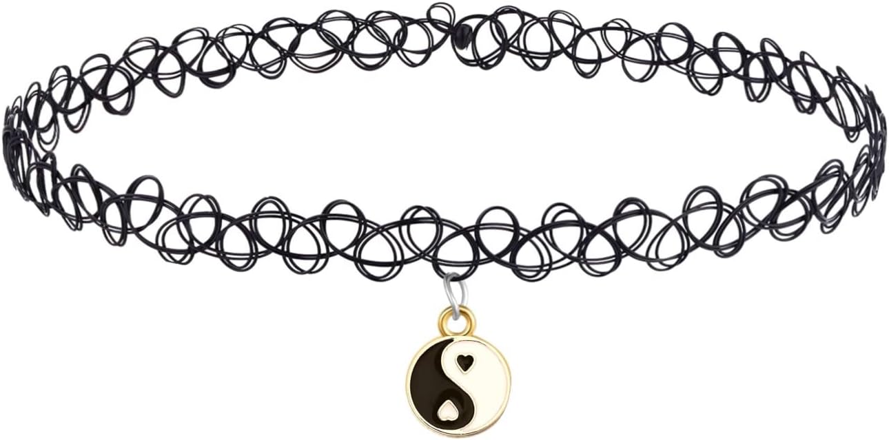 BodyJ4You 2PC Tattoo Choker Necklace - 90s Choker Necklace Women - 2000s Y2K Black Chokers Rainbow Choker - Butterfly Ying Yang Unicorn Rainbow Charms - Stretchy Elastic Necklace