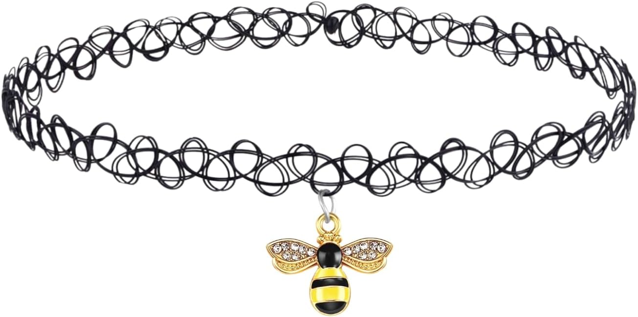 BodyJ4You 2PC Tattoo Choker Necklace - 90s Choker Necklace Women - 2000s Y2K Black Chokers Rainbow Choker - Butterfly Ying Yang Unicorn Rainbow Charms - Stretchy Elastic Necklace