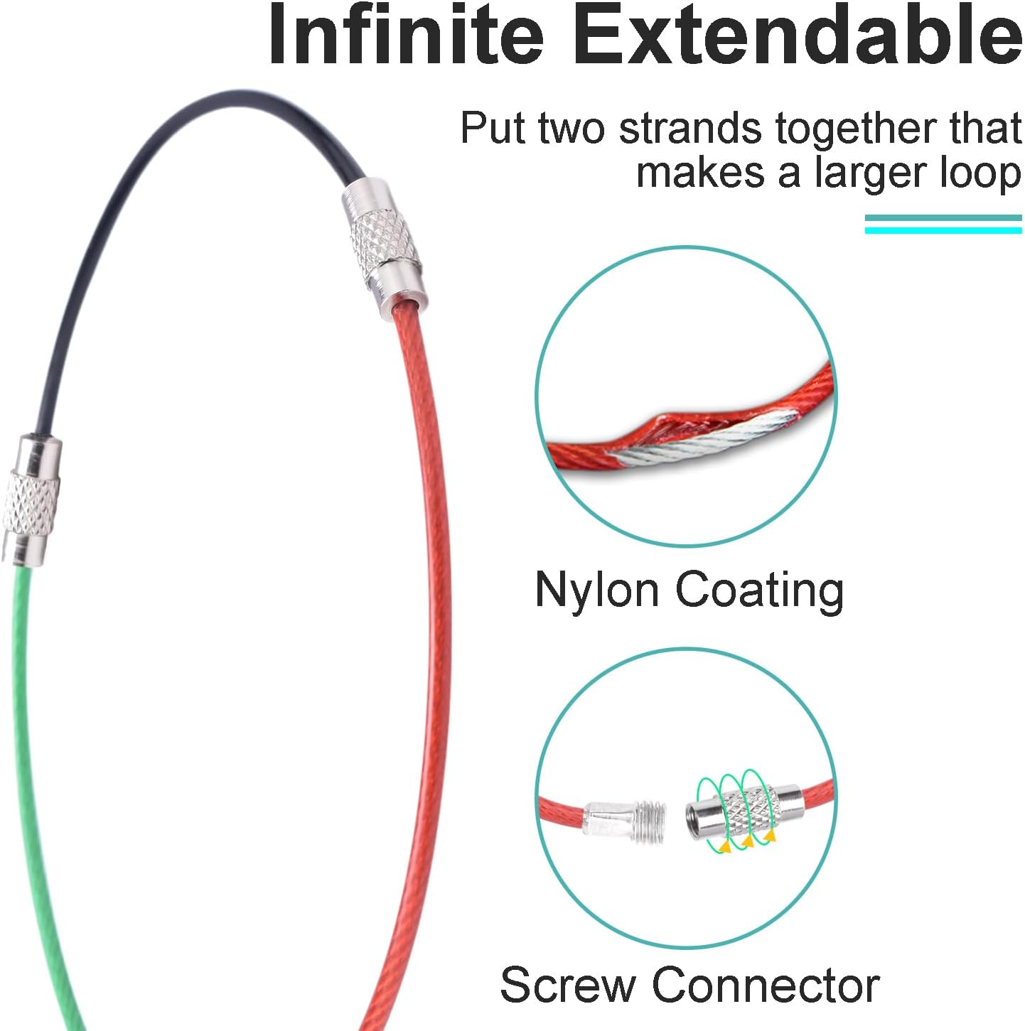 CooBigo 16 Pack Stainless Steel Loops 2mm Coated Wire Keychain Cable Large Keyrings 6 inch Key Chain for Luggage Tags, Key Tags, Keyrings, Kitchen utensils, Duster-Assorted Colors