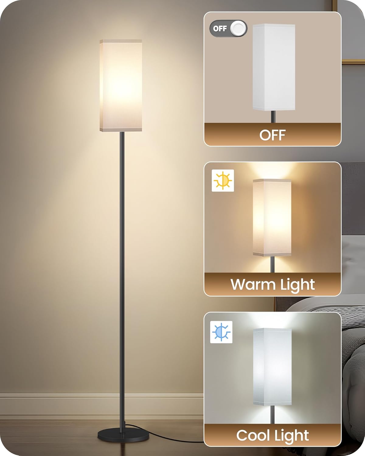 64.6" Floor Lamp, Pole with Foot Switch, Modern Standing Lamp Lampshade, Minimalist Freestanding Lamp (Bulb Not Included), for Living Room, Bedroom Office ETL Listed, Black and Beige E07LD05