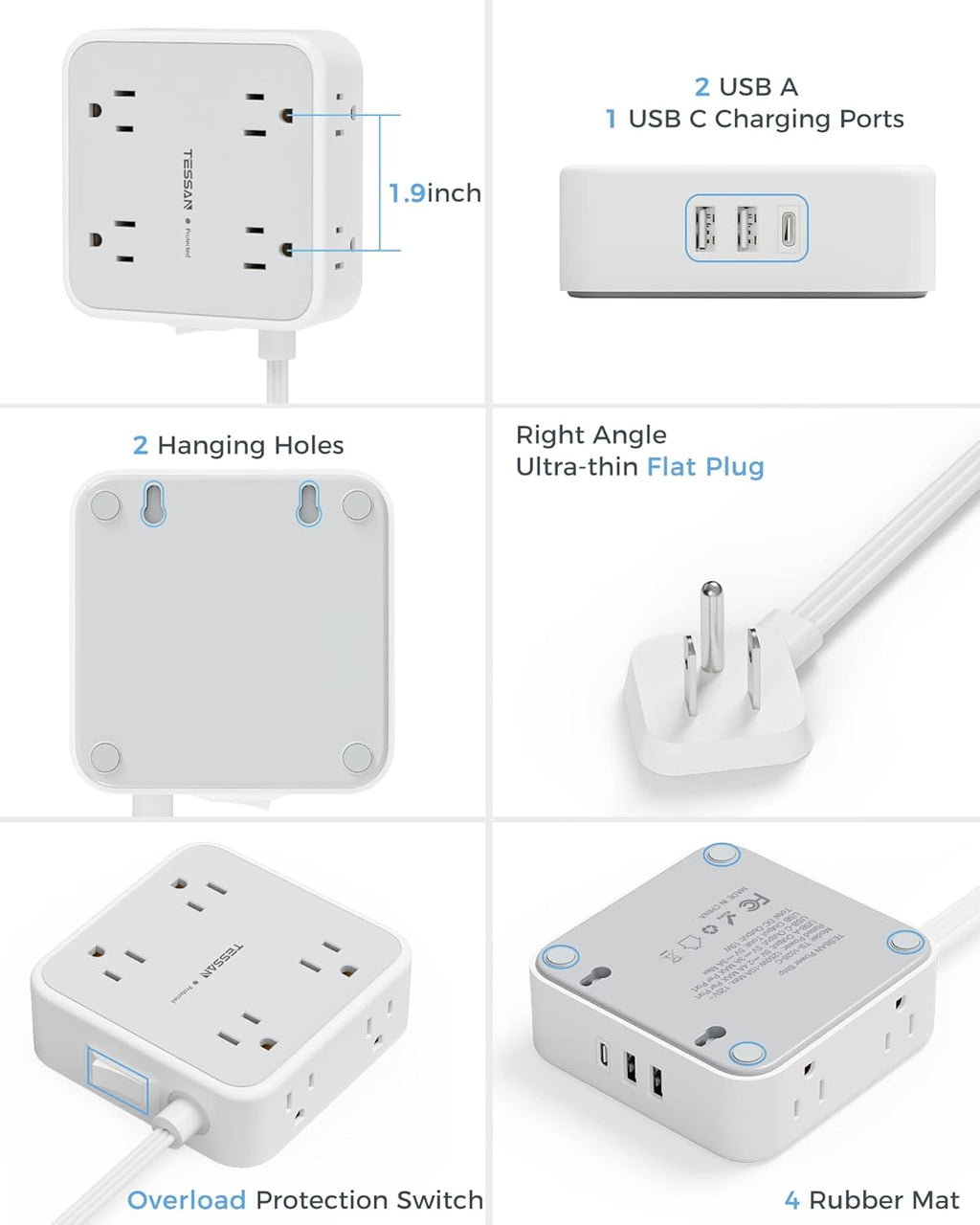 TESSAN Surge Protector Power Strip, 5 Ft Flat Plug Extension Cord with 3 USB (1 USB C) 8 Outlets, 900J Surge Protection, 3 Sided Outlet Extender with Power Switch for Office, Dorm Room Essentials