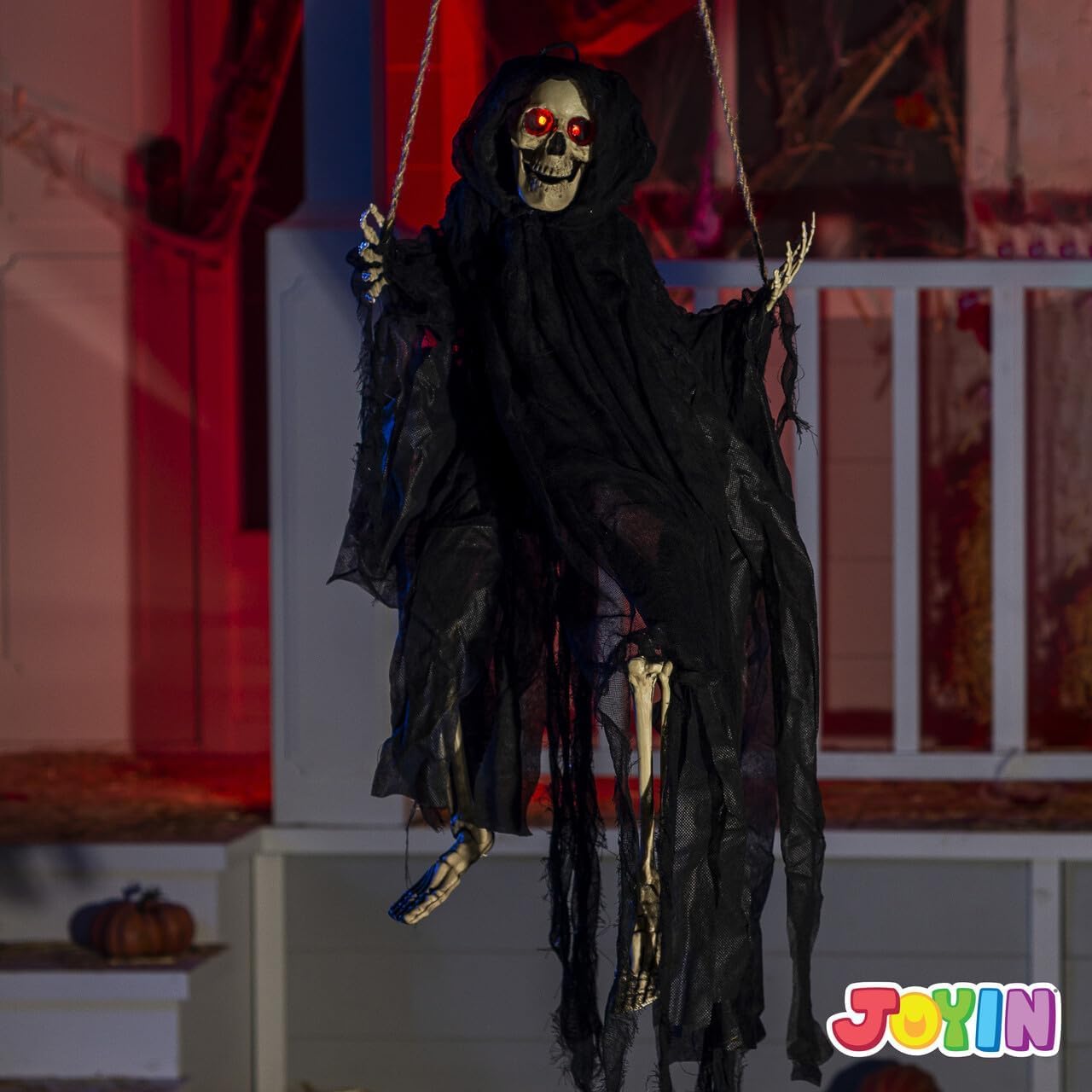 JOYIN 2 Pcs Halloween Hanging Swinging Ghosts Decorations Outdoor, Halloween Scary Decor with Lighted Up Eyes, Creepy Swinging Skeleton Flying Props for Yard Patio Lawn Garden