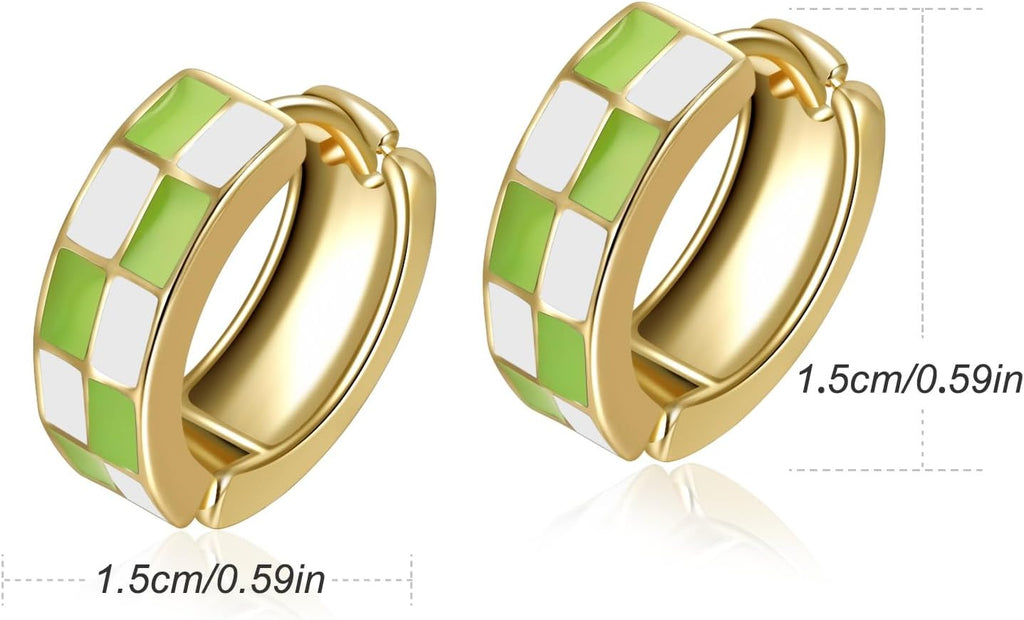 Chic Checker Small Hoop Cartilage Earrings Teacher Earrings for Women；White Black Enamel Hypoallergenic Hooped Gifts Gold and Silver tone