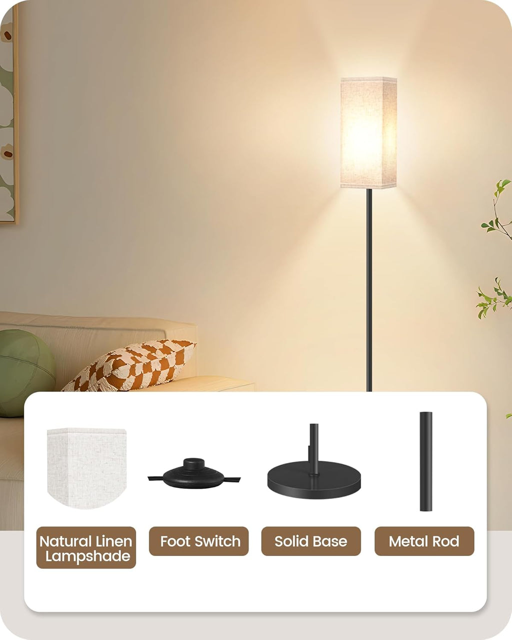 64.6" Floor Lamp, Pole with Foot Switch, Modern Standing Lamp Lampshade, Minimalist Freestanding Lamp (Bulb Not Included), for Living Room, Bedroom Office ETL Listed, Black and Beige E07LD05