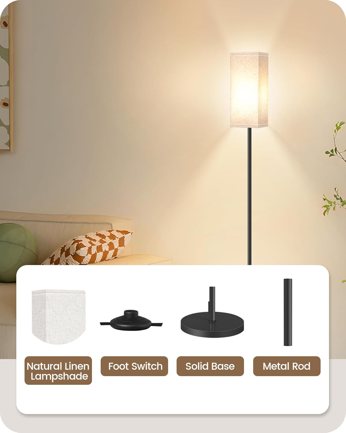 64.6" Floor Lamp, Pole with Foot Switch, Modern Standing Lamp Lampshade, Minimalist Freestanding Lamp (Bulb Not Included), for Living Room, Bedroom Office ETL Listed, Black and Beige E07LD05