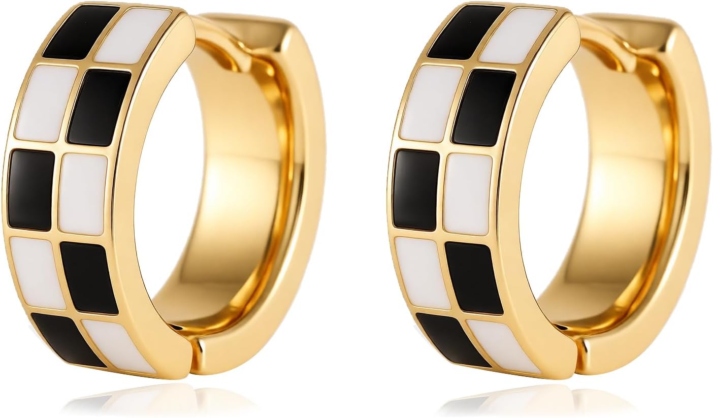 Chic Checker Small Hoop Cartilage Earrings Teacher Earrings for Women；White Black Enamel Hypoallergenic Hooped Gifts Gold and Silver tone