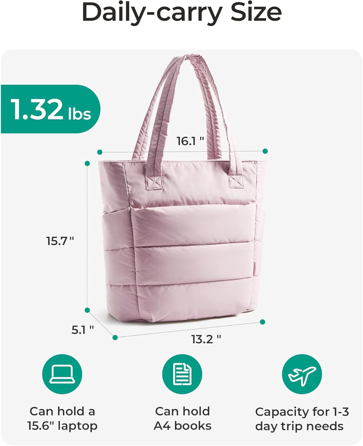 BAGSMART Tote Bag for Women, Lightweight Puffy Tote Bag with Compartments Shoulder Bag Handbag for Travel, Work, Gym