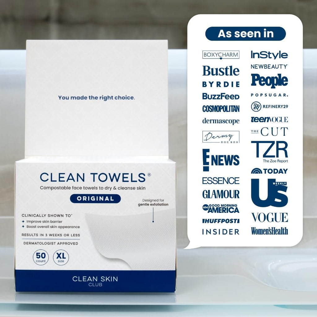 Clean Skin Club Clean Towels XL, 100% USDA Biobased Face Towel, Disposable Face Towelette, Eczema Association Accepted, Makeup Remover Dry Wipes, Ultra Soft, 1 Pack, 50 Ct