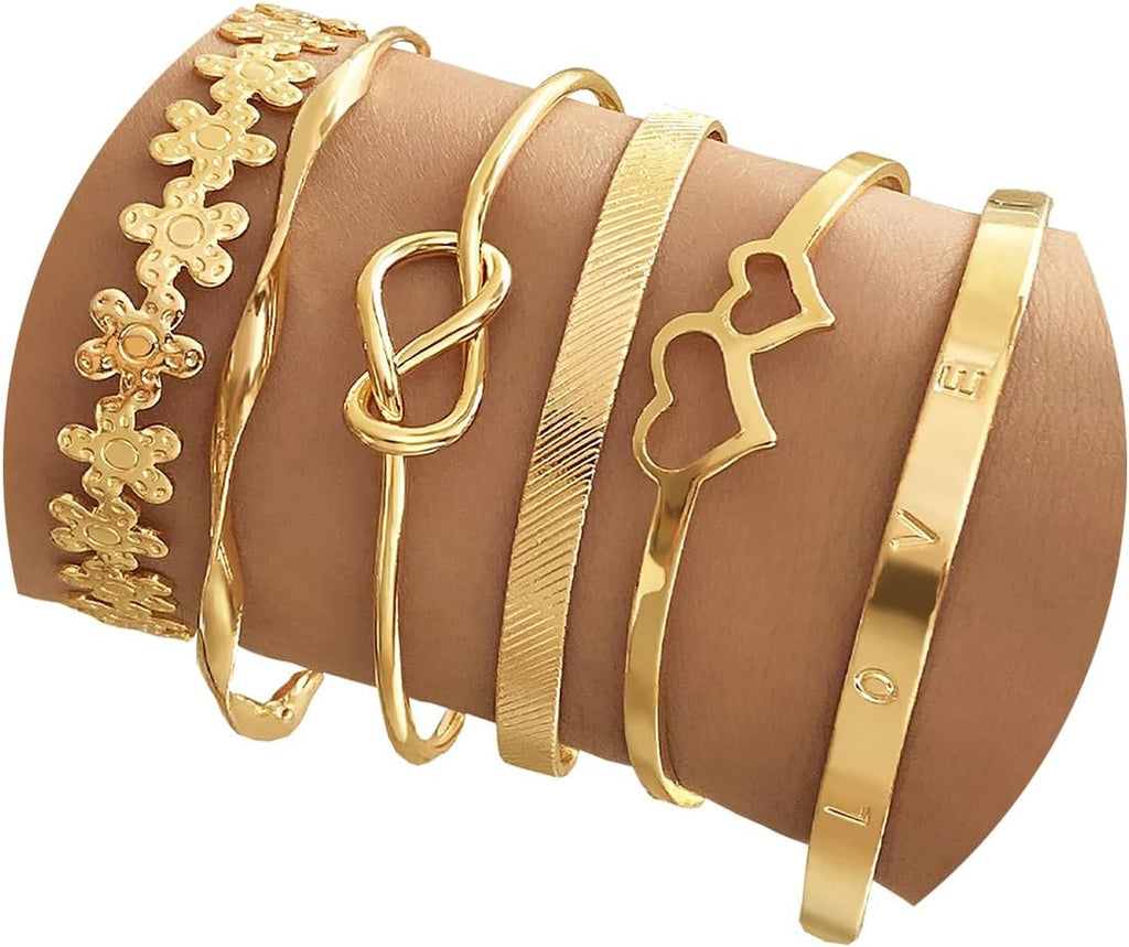 IFKM Gold Bangle Bracelets For Women, 14k Gold Plated Multi Layer Stackable Cuff Bracelet Set, Trendy Elegance Charms Non Tarnish Minimalist Textured Boho Jewelry Gift for Women