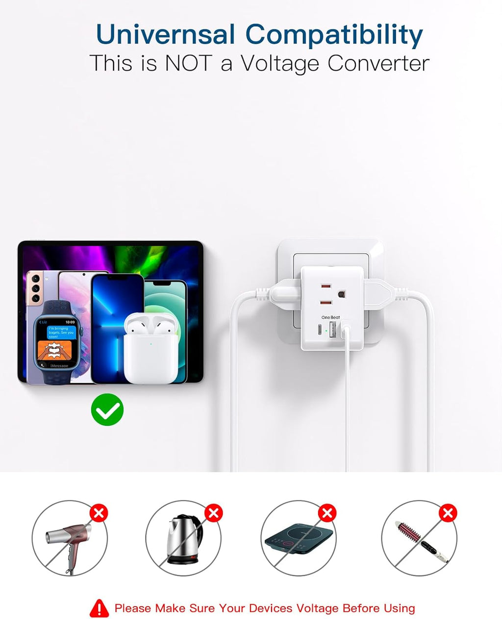 2 Pack European Travel Plug Adapter, International Power Plug Adapter with 3 Outlets 3 USB Charging Ports(1 USB C), Type C Plug Adapter Travel Essentials to Most Europe EU Spain Italy France Germany