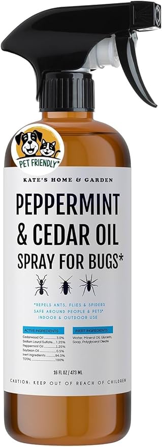Kate's Home & Garden Peppermint Oil Spray for Bugs, Ants, Insects, Spiders, Roaches, Stink Bug. Pesticide and Insecticide Indoor Repellent Pest Control with Cedar Oil (16oz, Natural, Non Toxic)