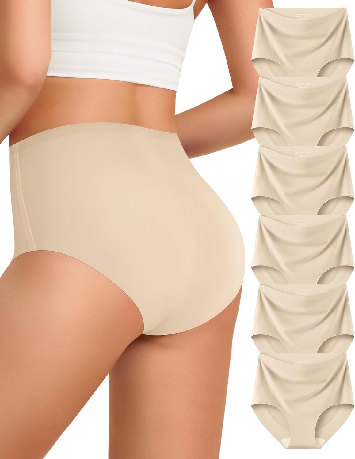 Kalapa Womens Underwear Seamless Full Coverage Breathable Briefs No Show Silky Stretch High Waisted Ladies Panties 6 Pack