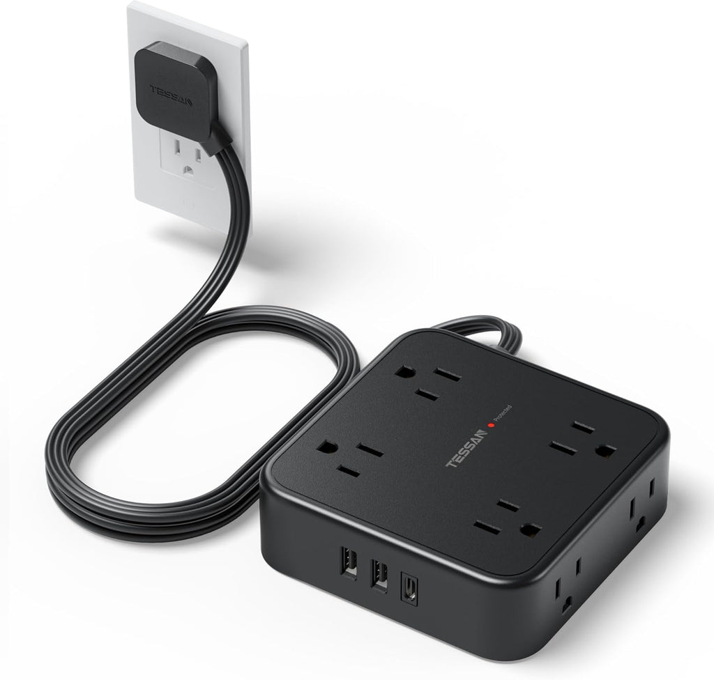 TESSAN Surge Protector Power Strip, 5 Ft Flat Plug Extension Cord with 3 USB (1 USB C) 8 Outlets, 900J Surge Protection, 3 Sided Outlet Extender with Power Switch for Office, Dorm Room Essentials