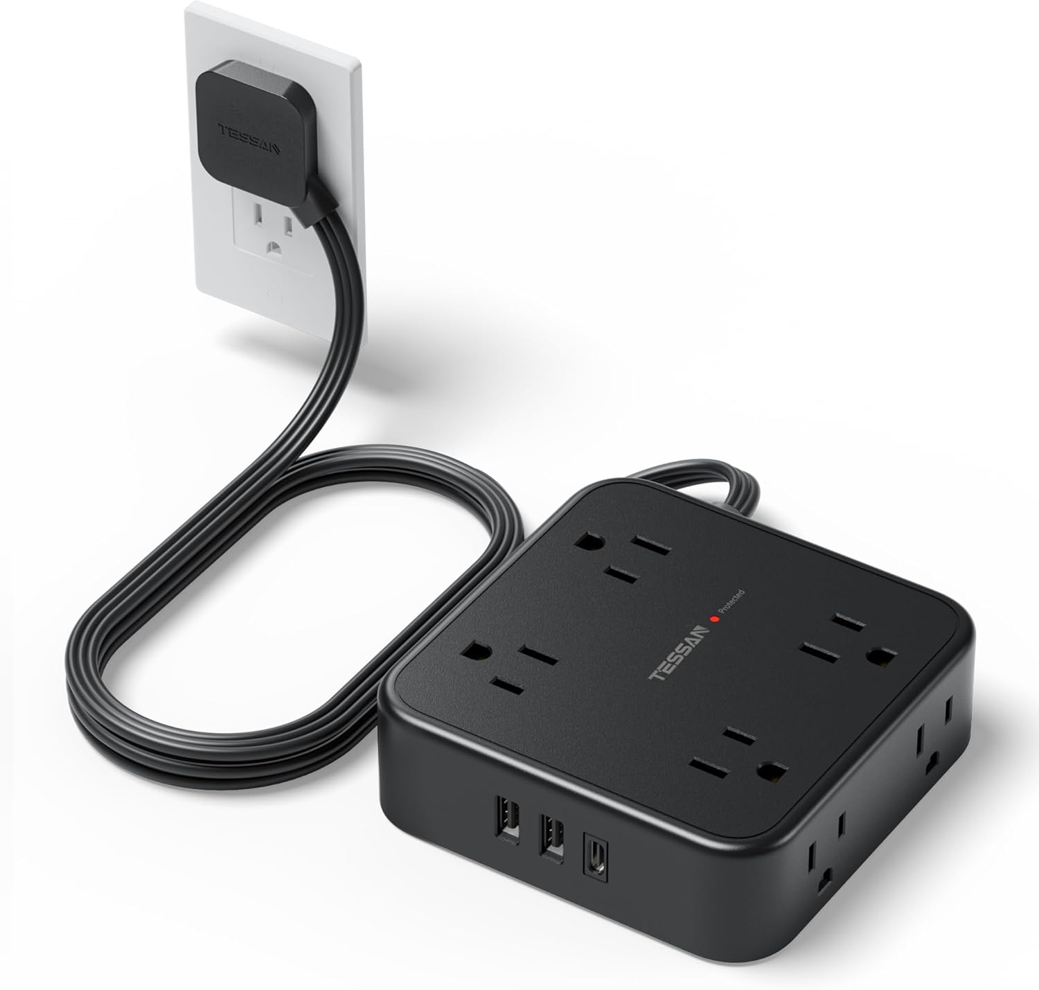TESSAN Surge Protector Power Strip, 5 Ft Flat Plug Extension Cord with 3 USB (1 USB C) 8 Outlets, 900J Surge Protection, 3 Sided Outlet Extender with Power Switch for Office, Dorm Room Essentials