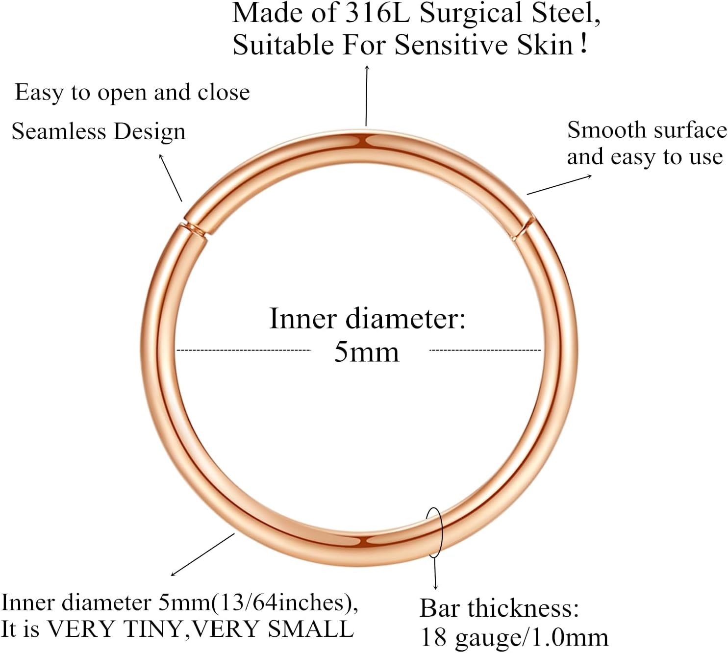 ORANGELOVE Hypoallergenic Nose Rings 20G 18G 16G 14G 12G 10G 8G 316l Surgical Steel Septum Jewelry Hinged Segment Ring Body Piercing Nose Hoop Lip Rings Nose Helix Cartilage Rook Earrings