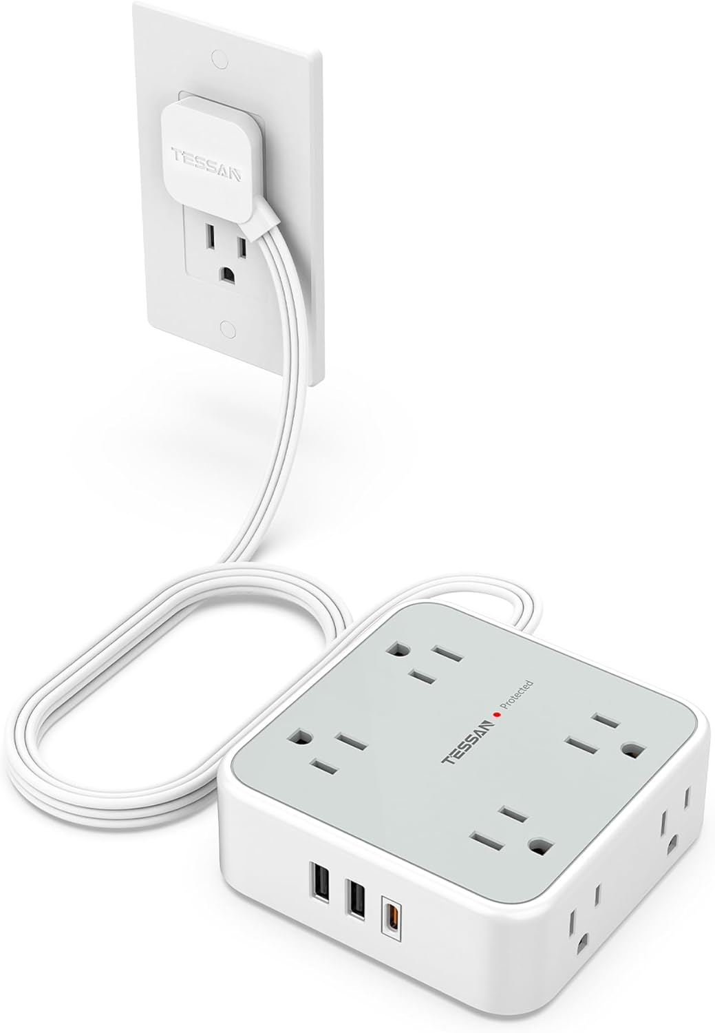 TESSAN Surge Protector Power Strip, 5 Ft Flat Plug Extension Cord with 3 USB (1 USB C) 8 Outlets, 900J Surge Protection, 3 Sided Outlet Extender with Power Switch for Office, Dorm Room Essentials