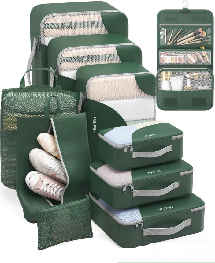 10 Set/8 Set Packing Cubes for Travel, Gifts for Women Mom,Anti-Tearing Suitcase Organizer for Luggage with Shoe & Hanging Toiletry Bag,OlarHike Vacation Essentials & Accessories for Cruise Ship,Cream
