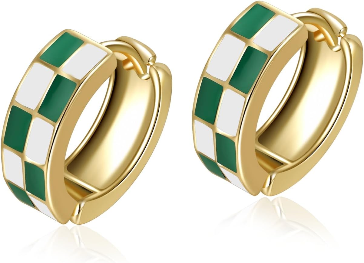 Chic Checker Small Hoop Cartilage Earrings Teacher Earrings for Women；White Black Enamel Hypoallergenic Hooped Gifts Gold and Silver tone