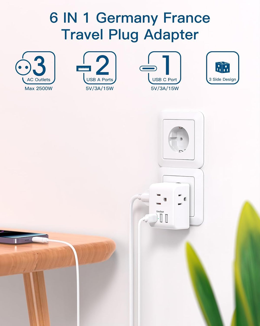 2 Pack European Travel Plug Adapter, International Power Plug Adapter with 3 Outlets 3 USB Charging Ports(1 USB C), Type C Plug Adapter Travel Essentials to Most Europe EU Spain Italy France Germany