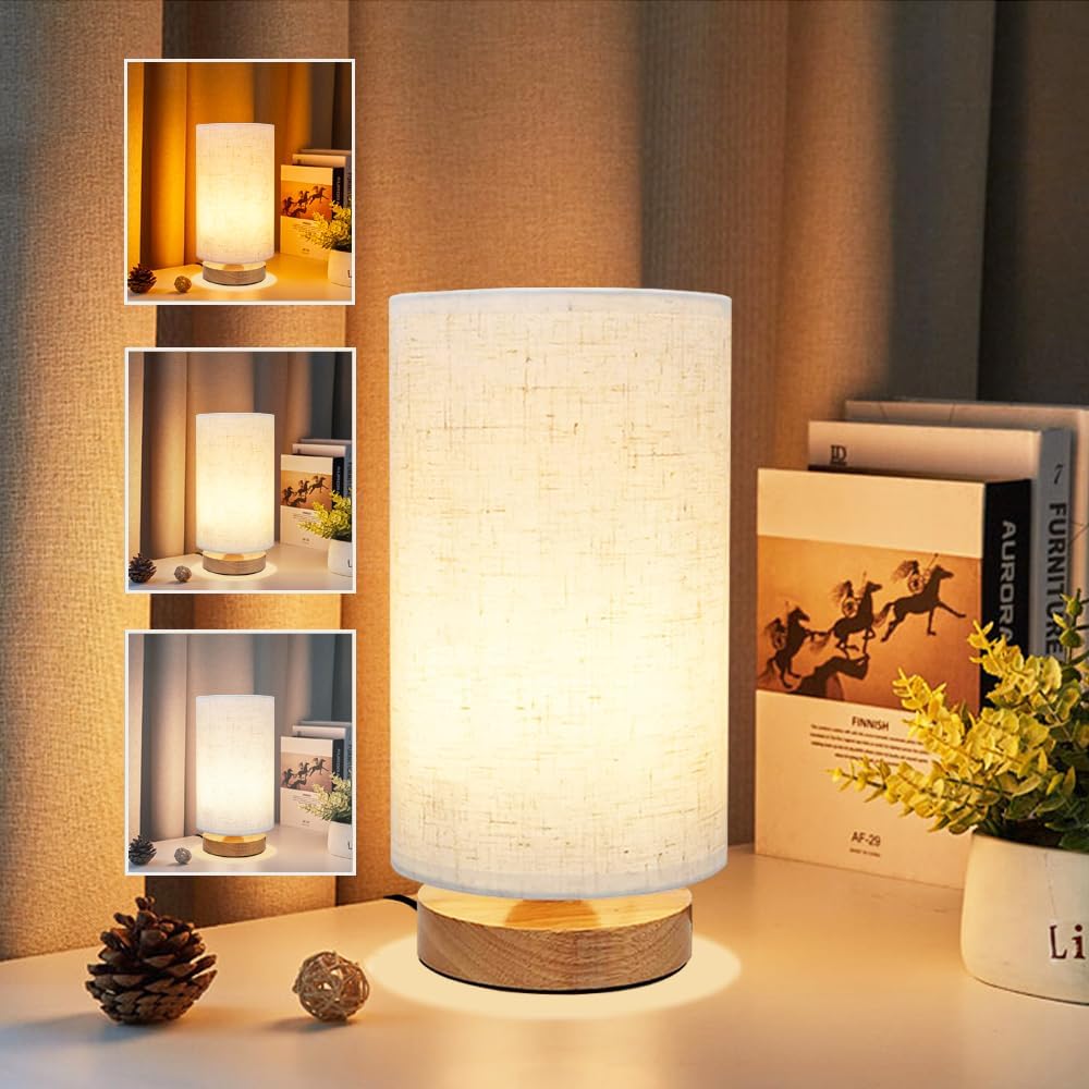 Small Bedside Table Lamp for Bedroom, Minimalist Wood Base & Round Fabric Shade, Mini Cute Cozy Warm White Nightstand Boho Lamp, Study Desk Night Stand Light for Room, Dorm, Nursery, Living Room