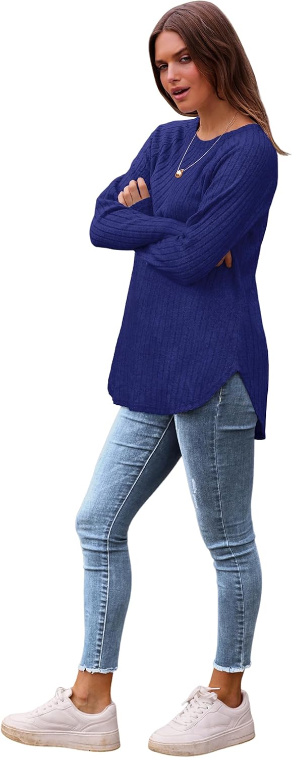 Saloogoe Long Sleeve Shirts for Women 2025 Fall Clothes Tunic Tops Loose Fit Dressy Crewneck Pullover Sweaters Curved Hem