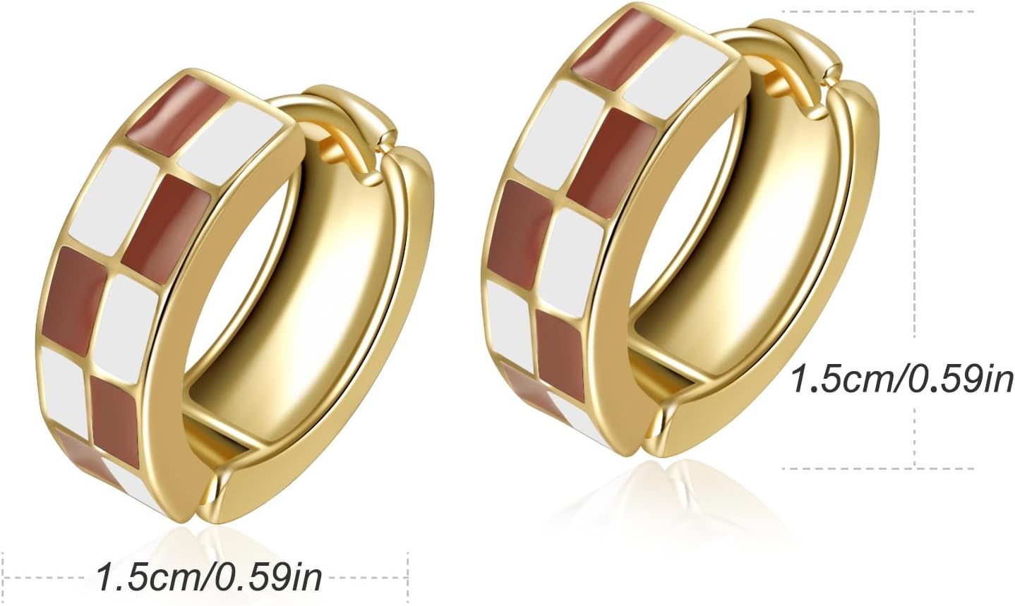 Chic Checker Small Hoop Cartilage Earrings Teacher Earrings for Women；White Black Enamel Hypoallergenic Hooped Gifts Gold and Silver tone