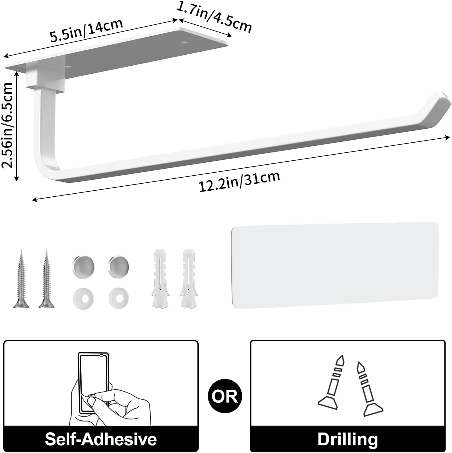Paper Towel Holder - Self-Adhesive or Drilling, Matte Black, Upgraded Aluminum Kitchen Roll Dispenser Under Cabinet, Lighter but Stronger Than Stainless Steel!