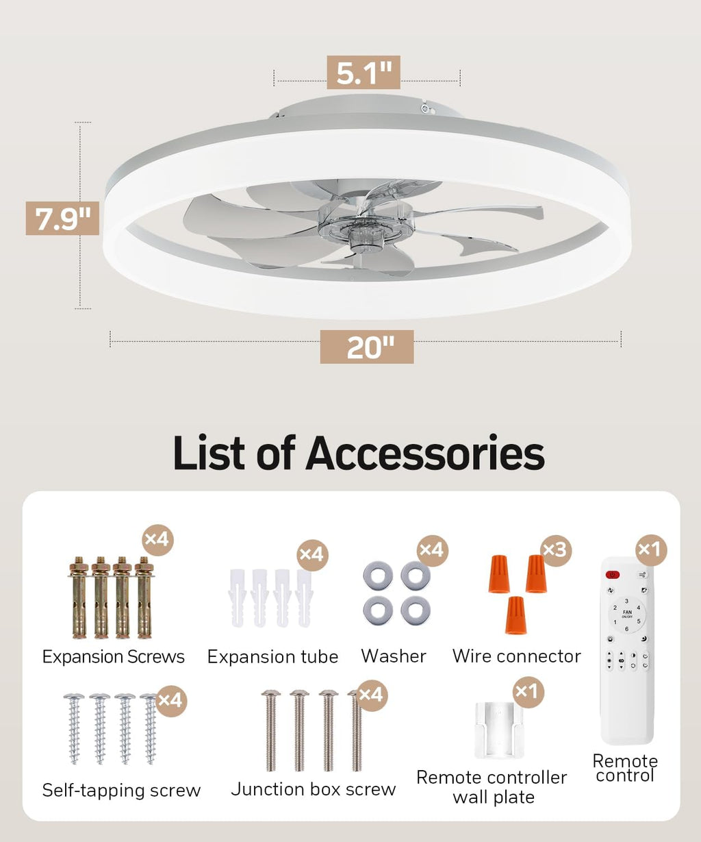 Ceiling Fans with Lights and Remote, 20" Modern Low Profile Ceiling Fan with Light, Stepless Color Temperature Change and 6 Speeds for Bedroom, Kids Room and Living Room (Black)