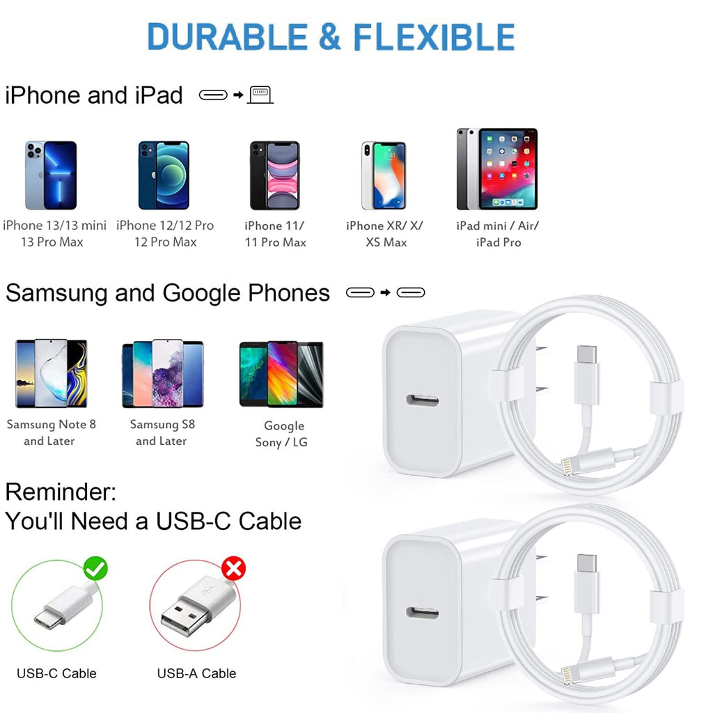 Fast iPhone Charger, iPhone Charger Fast Charging 2Pack Quick Chargers 6ft Long USB C to Lightning Cable Quick Charging Cord USB Charge Block Adapter for iPhone 14 Plus/14 ProMax/13 Mini 12/11/XS/iPad