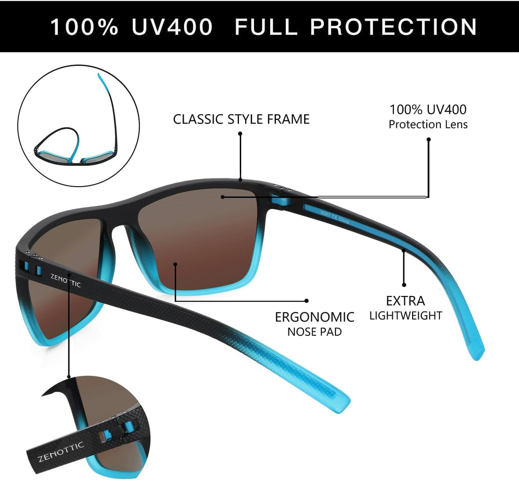 ZENOTTIC Polarized Sunglasses for Men Lightweight TR90 Frame UV400 Protection Square Sun Glasses