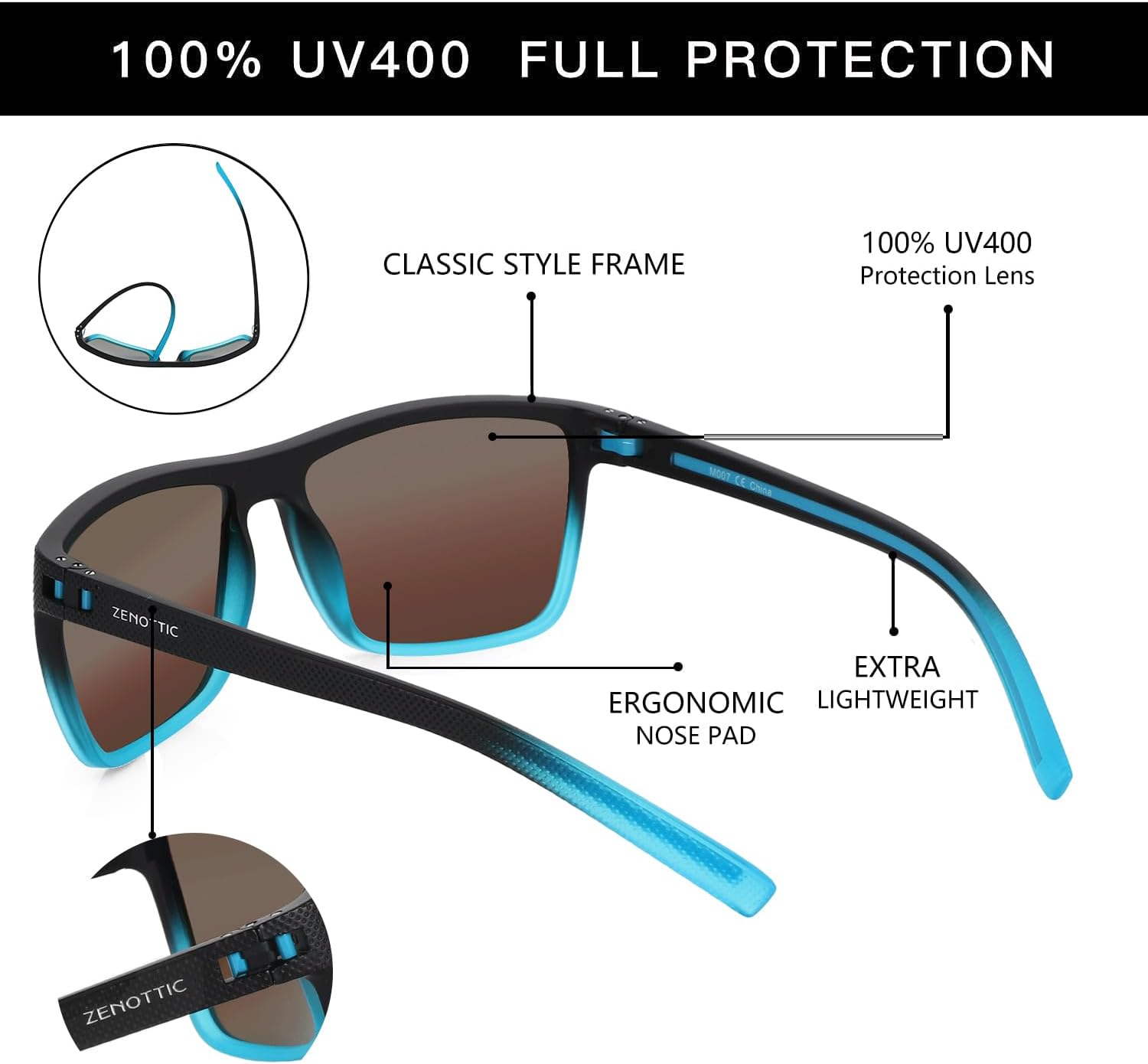 ZENOTTIC Polarized Sunglasses for Men Lightweight TR90 Frame UV400 Protection Square Sun Glasses