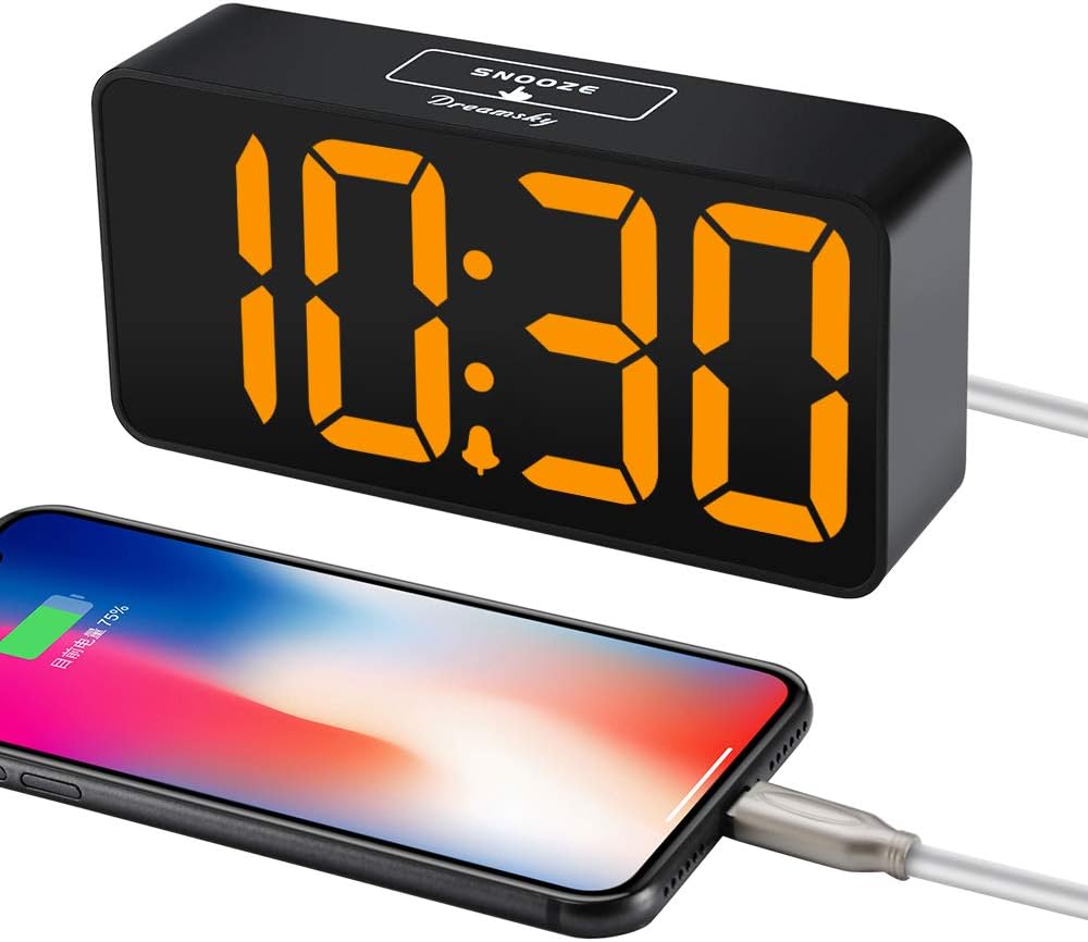 DreamSky Small Digital Alarm Clock for Bederoom, Large Big Numbers Display with Dimmer for Living Room, Electric Bedside Desk Clock with USB Charging Port, Adjustable Volume, USB-C Adapter Powered