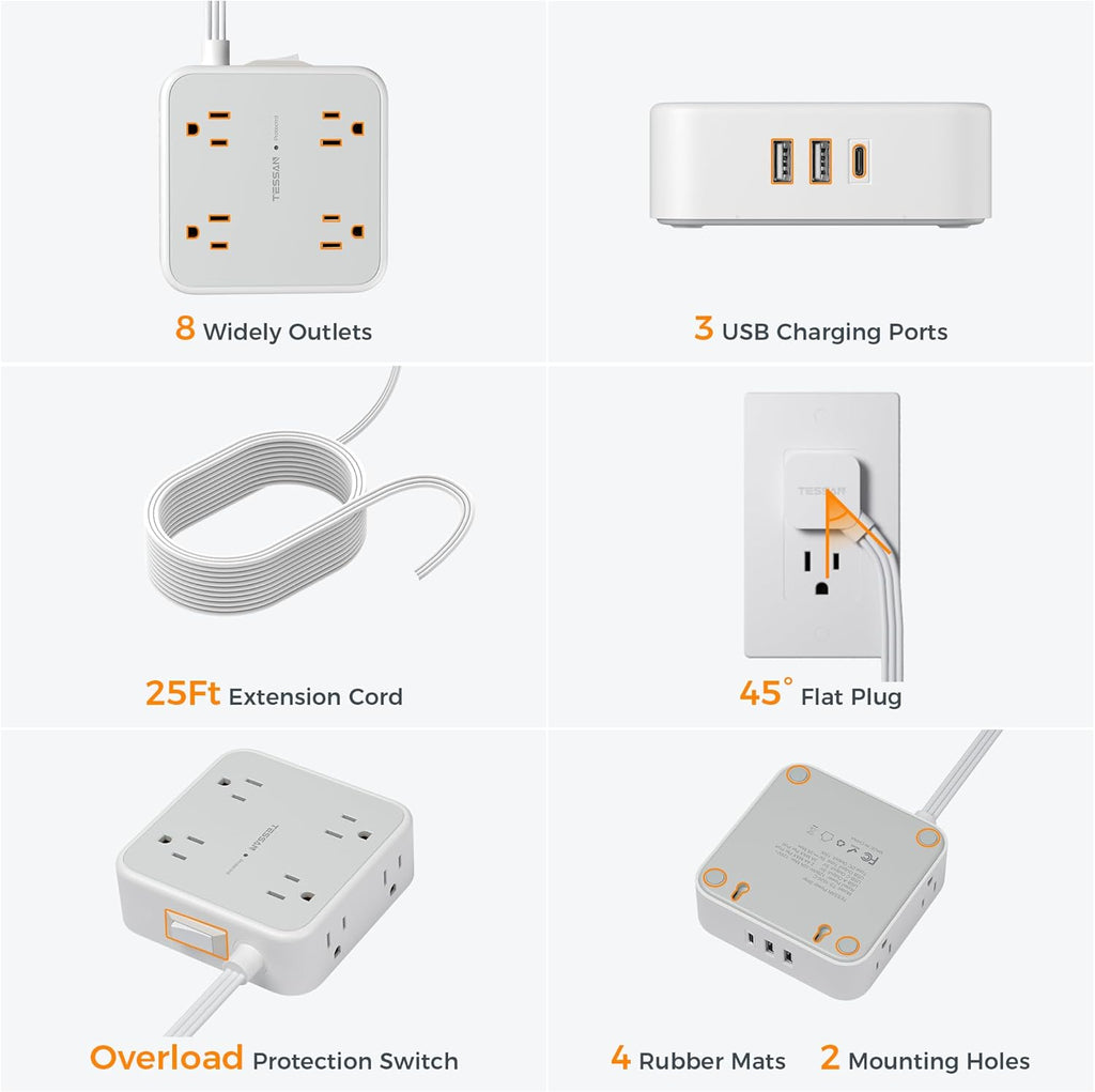 TESSAN Surge Protector Power Strip, 5 Ft Flat Plug Extension Cord with 3 USB (1 USB C) 8 Outlets, 900J Surge Protection, 3 Sided Outlet Extender with Power Switch for Office, Dorm Room Essentials