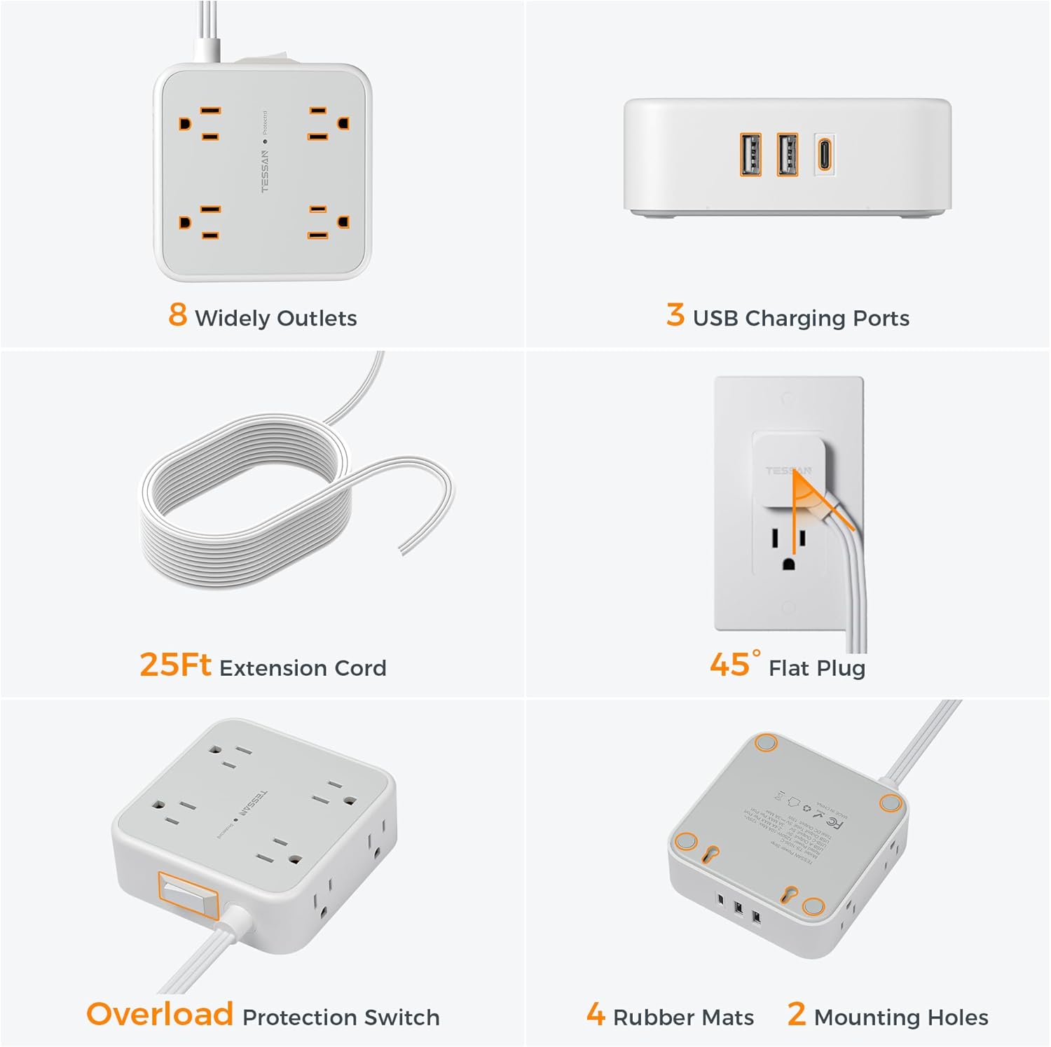TESSAN Surge Protector Power Strip, 5 Ft Flat Plug Extension Cord with 3 USB (1 USB C) 8 Outlets, 900J Surge Protection, 3 Sided Outlet Extender with Power Switch for Office, Dorm Room Essentials