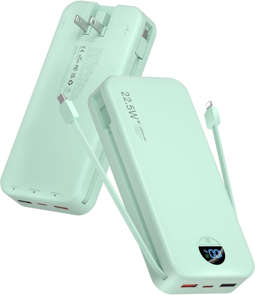 Portable Charger Power Bank, 12000mAh 22.5W USB C Fast Charging with Built-in Cables and Wall Plug, Travel Essential Battery Pack with LED Display for iPhone, iPad, Samsung Pink