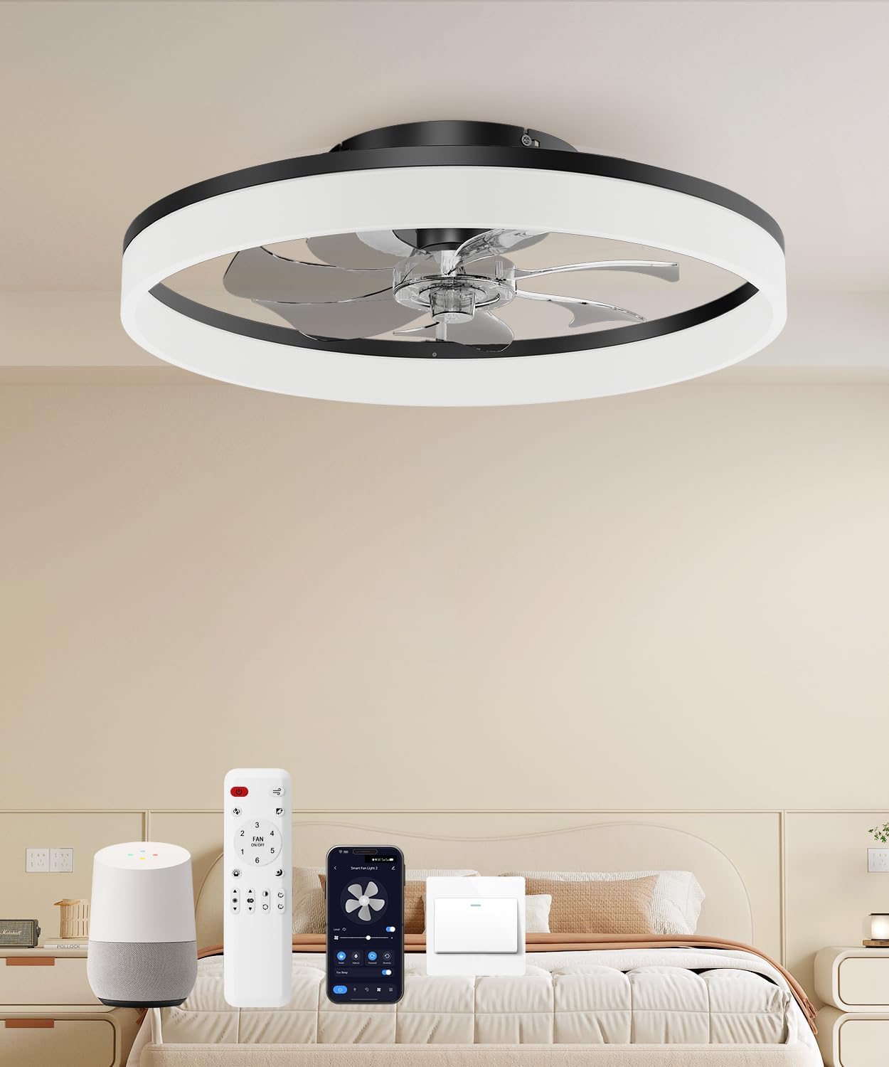 Ceiling Fans with Lights and Remote, 20" Modern Low Profile Ceiling Fan with Light, Stepless Color Temperature Change and 6 Speeds for Bedroom, Kids Room and Living Room (Black)