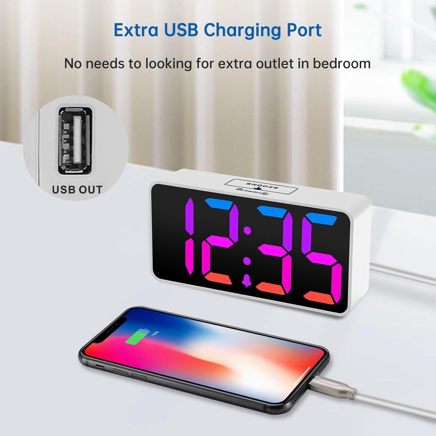 DreamSky Small Digital Alarm Clock for Bederoom, Large Big Numbers Display with Dimmer for Living Room, Electric Bedside Desk Clock with USB Charging Port, Adjustable Volume, USB-C Adapter Powered