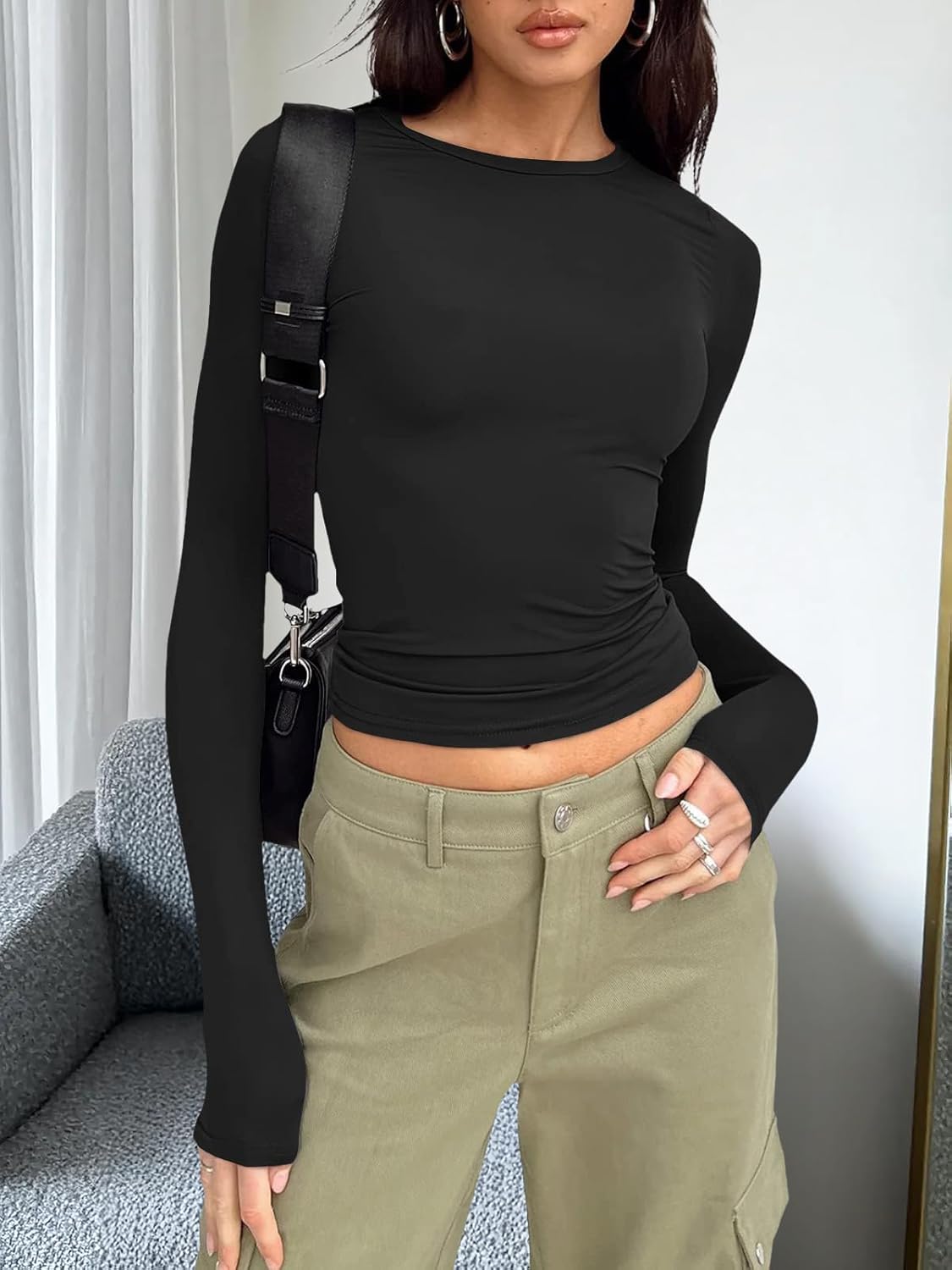 Trendy Queen Womens Long Sleeve T Shirts Fall Fashion 2025 Basic Crop Tops Going Out Outfits Y2k Clothes