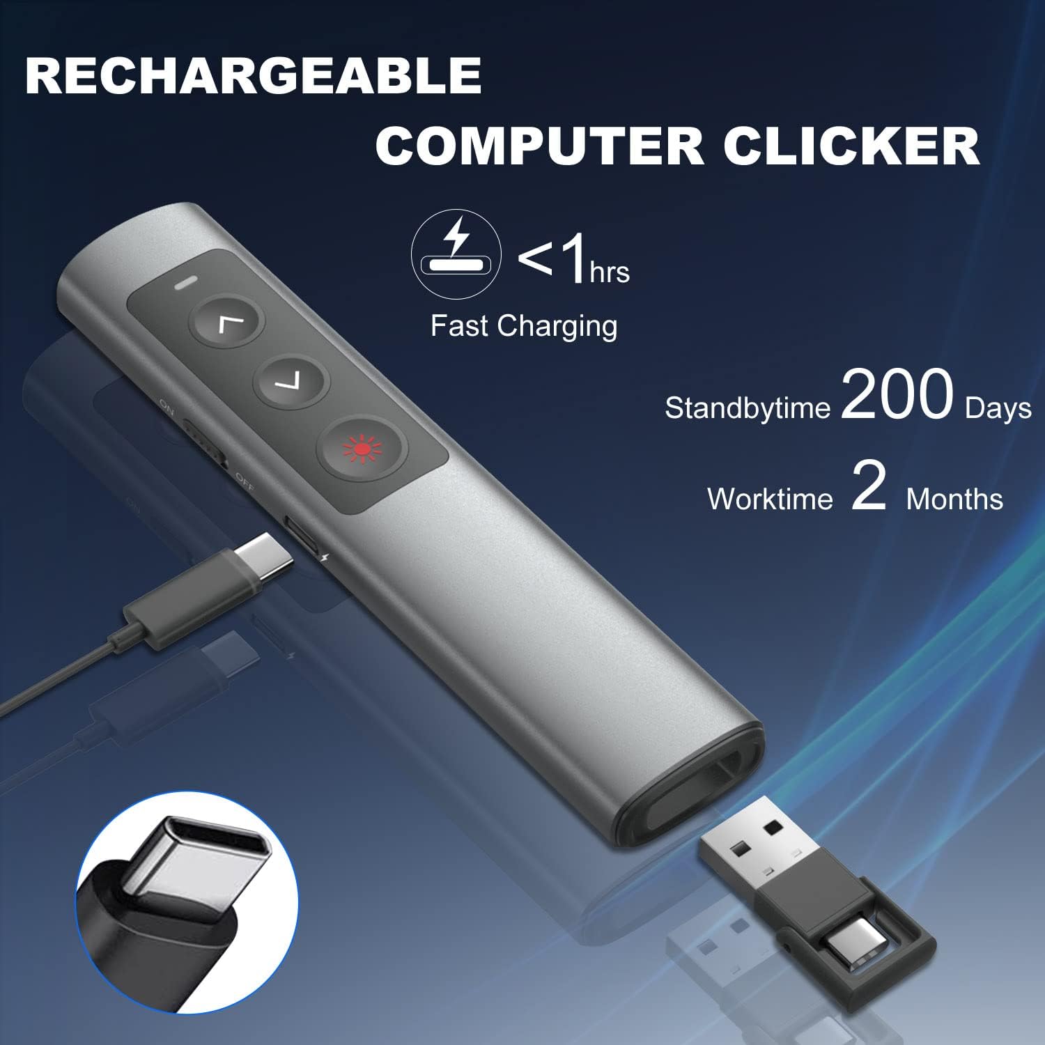 Wireless Presentation Clicker for PowerPoint Presentations, USB Dongle Presenter Remote with Laser Pointer Slide Clickers for Mac/Windows/Linux, Computer/Laptop, Google Slide/PPT/Keynote