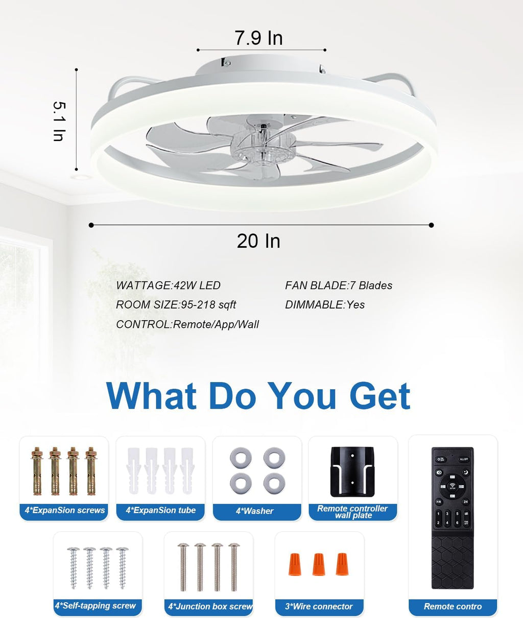 Ceiling Fans with Lights and Remote, 20" Modern Low Profile Ceiling Fan with Light, Stepless Color Temperature Change and 6 Speeds for Bedroom, Kids Room and Living Room (Black)