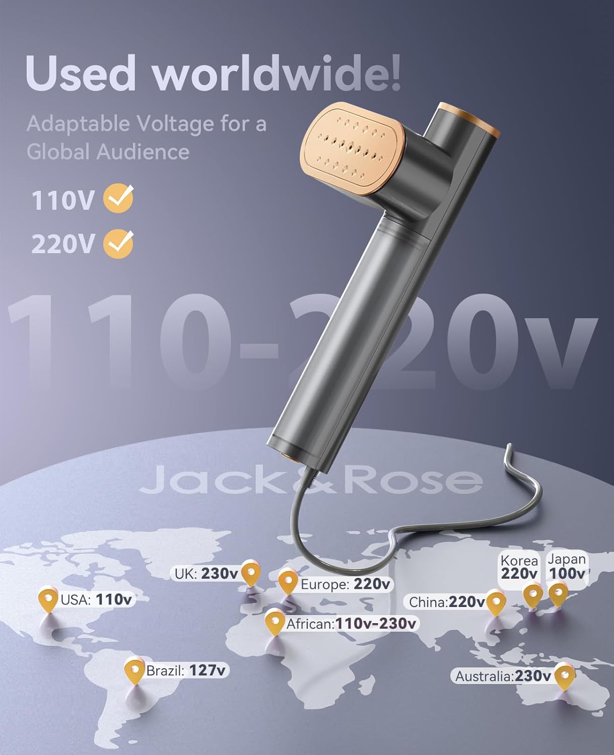 Jack ＆ Rose Travel Steamer for Clothes,100-220V Portable Iron,15s Heat Up,Steamer ＆ Iron 2 In 1, Travel Size,Large Ceramic Heat Panel,for Global ＆ Europe