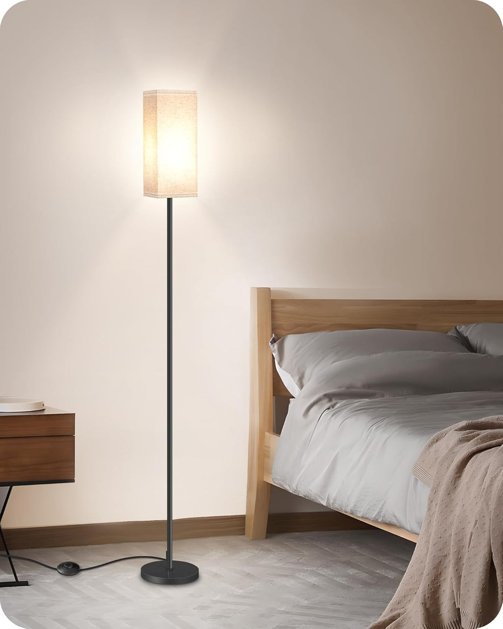 64.6" Floor Lamp, Pole with Foot Switch, Modern Standing Lamp Lampshade, Minimalist Freestanding Lamp (Bulb Not Included), for Living Room, Bedroom Office ETL Listed, Black and Beige E07LD05