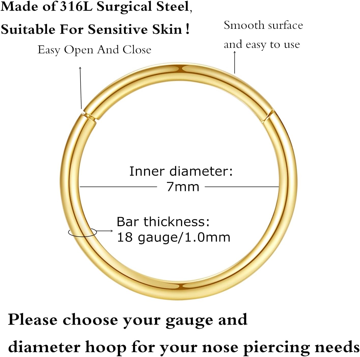 ORANGELOVE Hypoallergenic Nose Rings 20G 18G 16G 14G 12G 10G 8G 316l Surgical Steel Septum Jewelry Hinged Segment Ring Body Piercing Nose Hoop Lip Rings Nose Helix Cartilage Rook Earrings