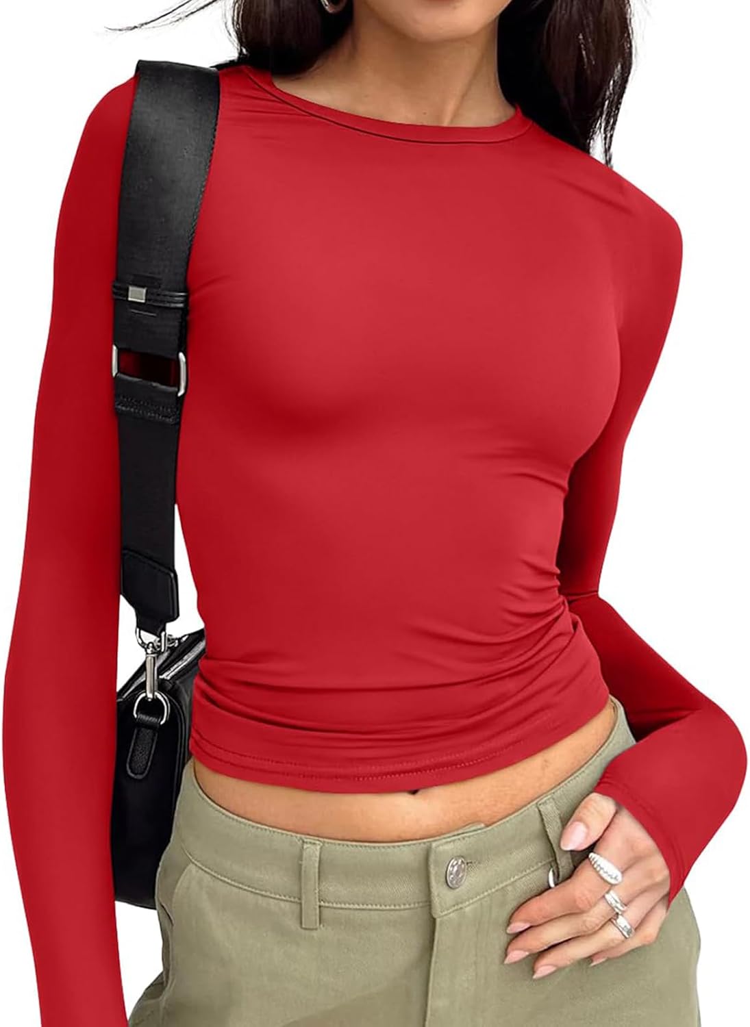 Trendy Queen Womens Long Sleeve T Shirts Fall Fashion 2025 Basic Crop Tops Going Out Outfits Y2k Clothes