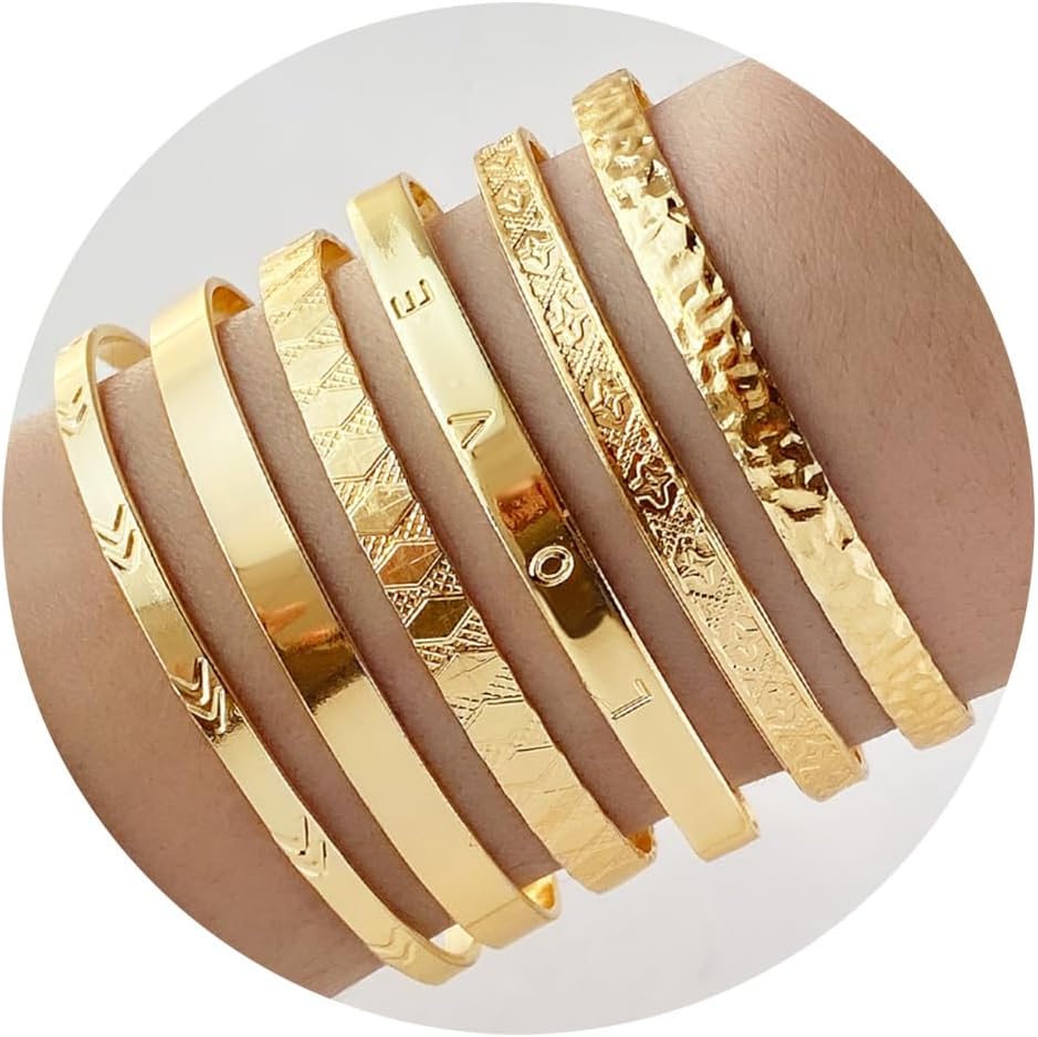 IFKM Gold Bangle Bracelets For Women, 14k Gold Plated Multi Layer Stackable Cuff Bracelet Set, Trendy Elegance Charms Non Tarnish Minimalist Textured Boho Jewelry Gift for Women