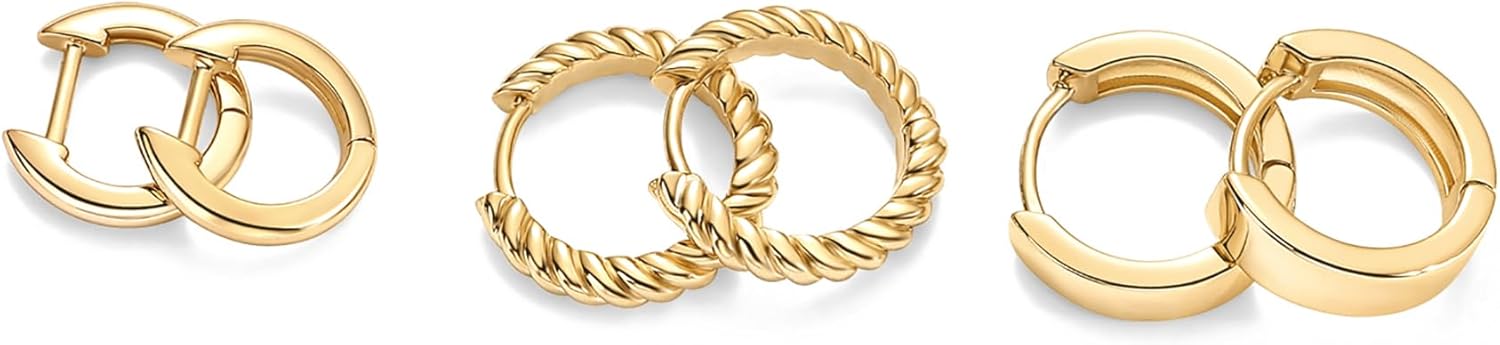 PAVOI 14K-18K Yellow Gold Plated 925 Sterling Silver Posts Three Pairs Small Hoop Earrings for Women - Statement Gold Hoop Earrings Set - Cubic Zirconia Rope Teardrop Chunky Huggie Earscape Piercings