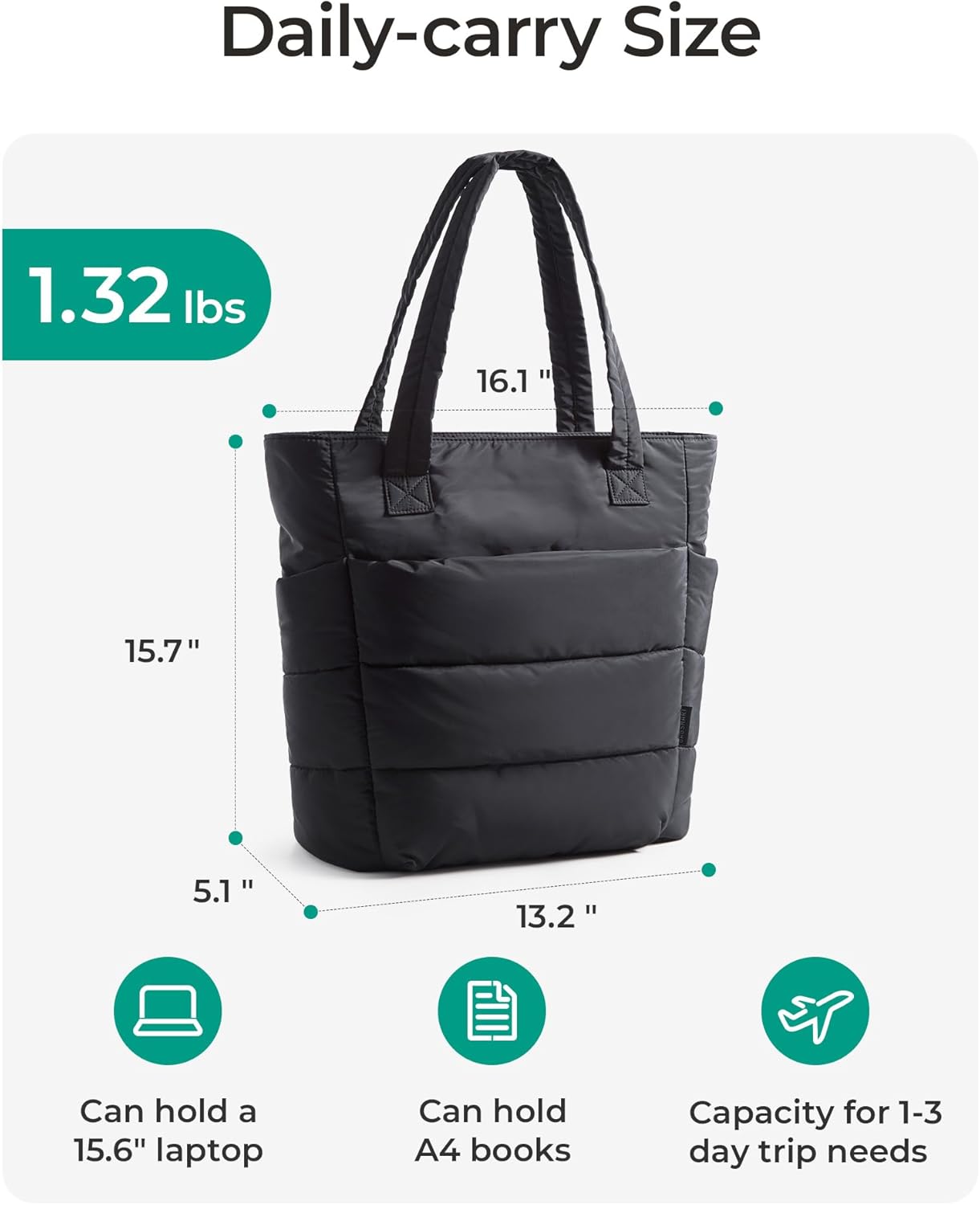 BAGSMART Tote Bag for Women, Lightweight Puffy Tote Bag with Compartments Shoulder Bag Handbag for Travel, Work, Gym